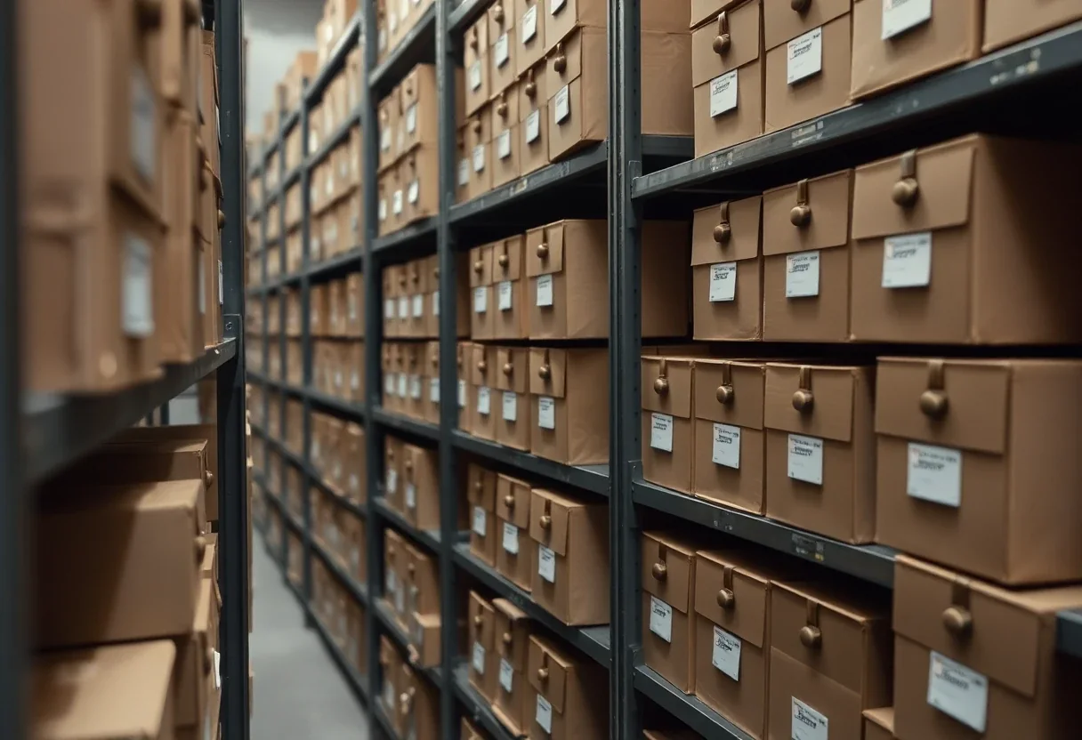 Boîtes d'archives alignées sur des rayonnages métalliques