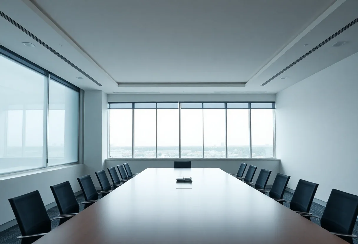Salle de conseil vide devant une baie vitrée